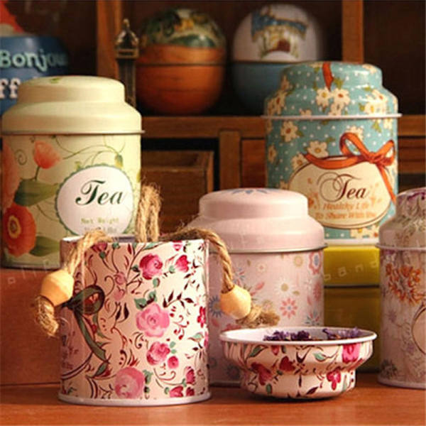 Blomsterdesign Metall Sukker Kaffe Te Tin Jar Container Candy Se