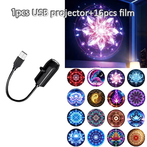 1 stk USB-projektor + 16 stk projeksjonslampeark med blomstertema