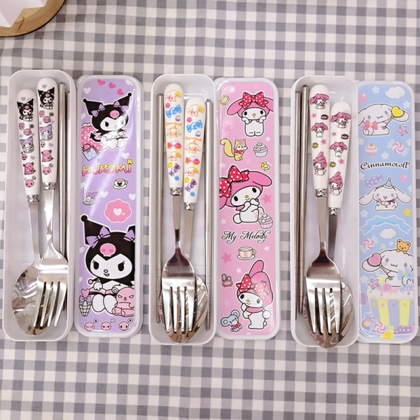 Kawaii Sanrio My Melody Cinnamoroll Kuromi lery Set sticks Spoo 3Pcs set A