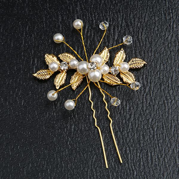 Crystal Pearl Flower Hårnålar Clips U-formad hårnål Gold Leaf Silver