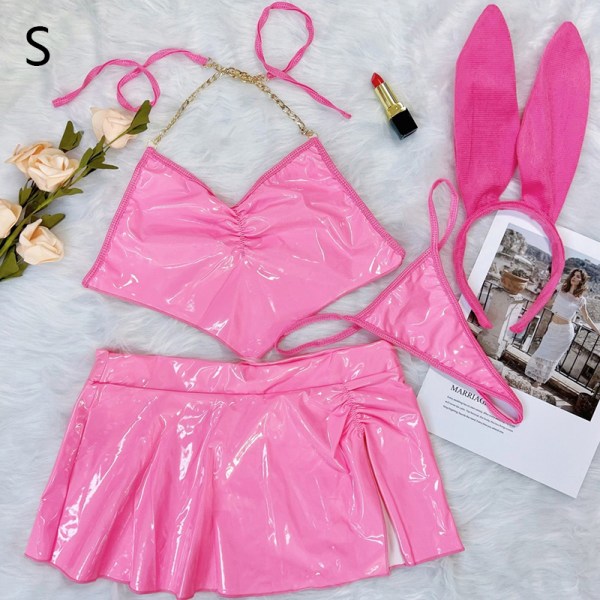 4 stk/sæt Latex Neon Pink Lingeri Bunny Sexet PVC Outfit Love He Pink S