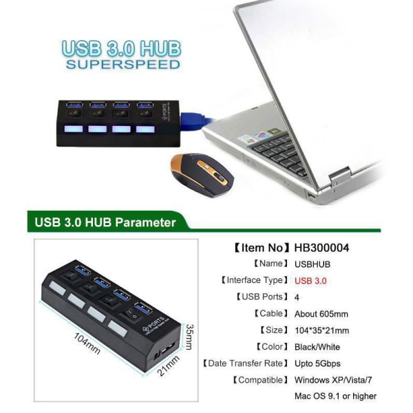 USB Splitter Strømadapter 4/7 Port Multiple USB3.0 USB Splitt A1