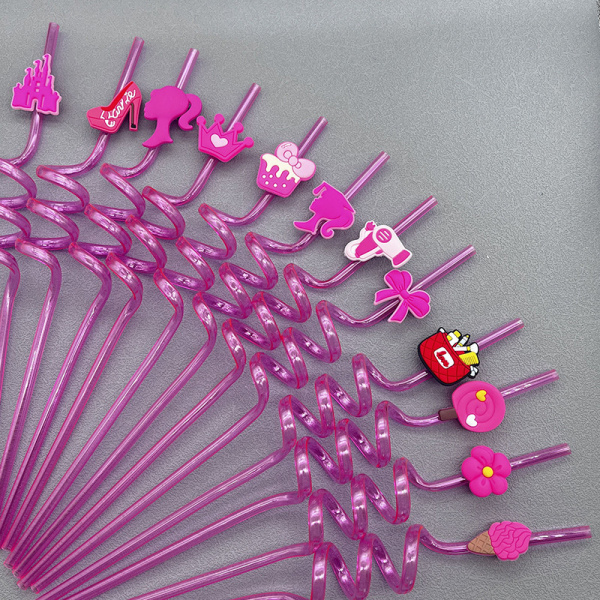 1 kpl Pink Princess Kids Straw uudelleenkäytettävä muovinen spiraalijuoma S A14