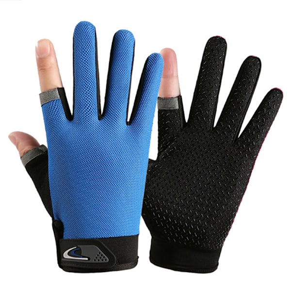 1 par Anti-Slip andningsbara fiskehandskar Two Finger Slitstark O Blue