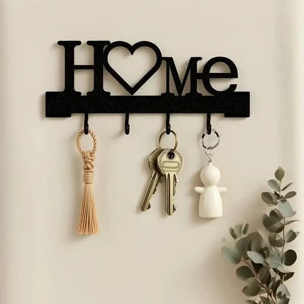 \"Home Love\" Formet Nøgleholder Med Kroge - Vægmontering Uden Boring Black