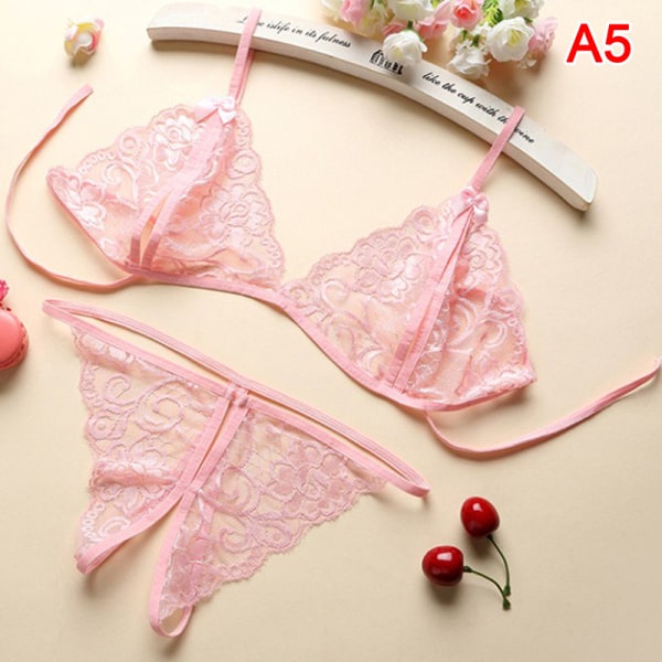 Kvinnor Sexiga Underkläder Spets BH Set Ruffle Transparent Underkläder Pink