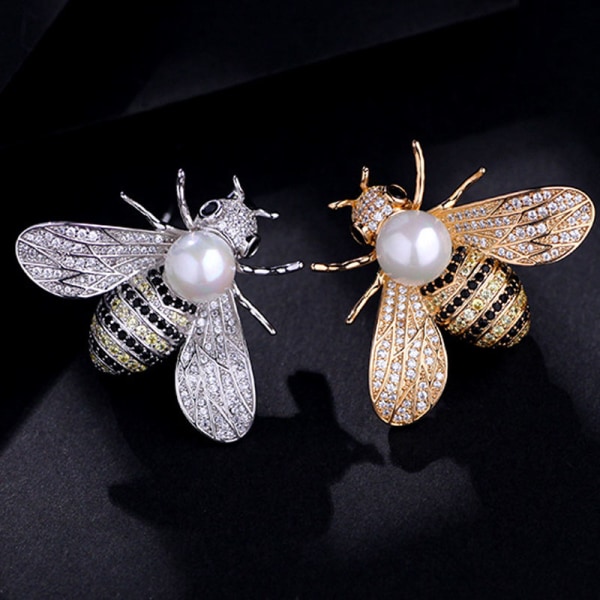 1 Stk Insekt Series Little Bee Brooches Rhinestone Pearl Pin Broo Gold