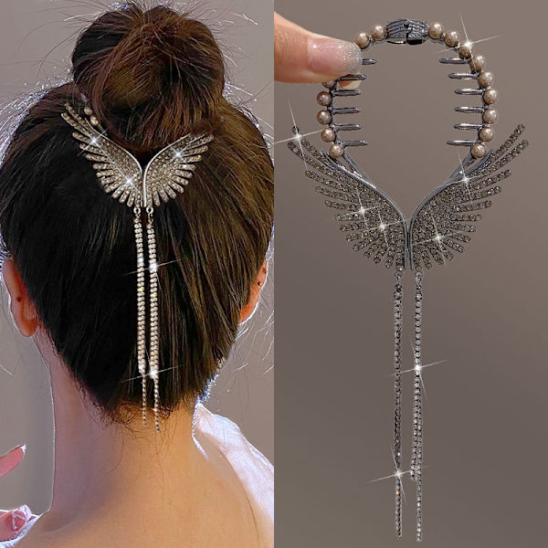 Änglavingar Hårbulle Hårklämmor Kvinnor Flickor Rhinestone Tofs P Gold