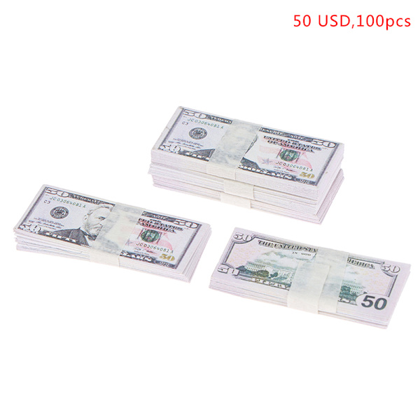 100 kpl / set 1:12 nukkekoti 5/10/20/50/100 dollarin valuutta bankno 50 USD,100pcs