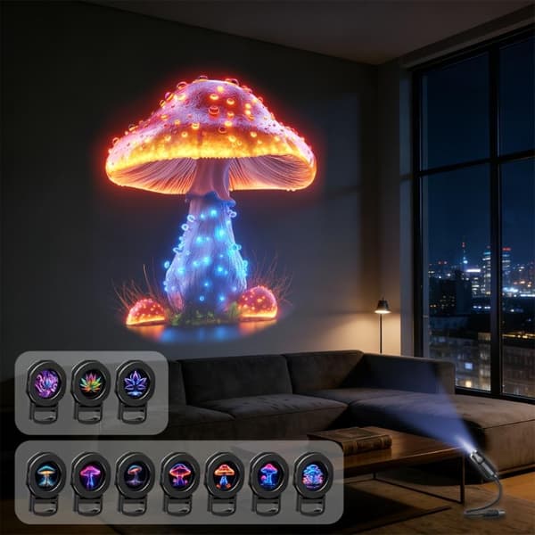 LED USB Sopp Projeksjonslys Drømmende Blad Stjernehimmel Projeksjon Light an 7pcs Film
