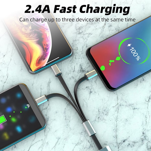 USB latauskaapeli Micro USB Type-C 3A 3-in-1 -liitäntään Silver