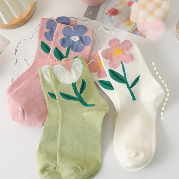 Bomull Damstrumpor Casual Andas n Style Cartoon Flower Ca Pink