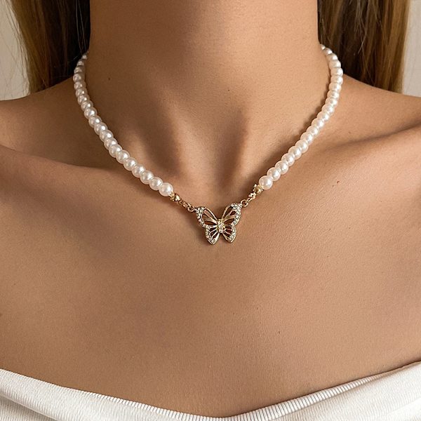 Vintage elegant simulert perlekjede mote beaded Butterf