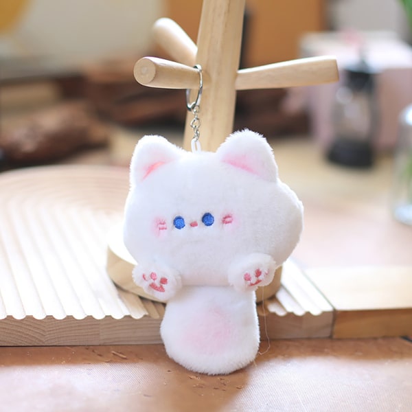 Kawaii Soft Stuffed Animal Little Cat Nøkkelring Plysjveske Bil Pe White