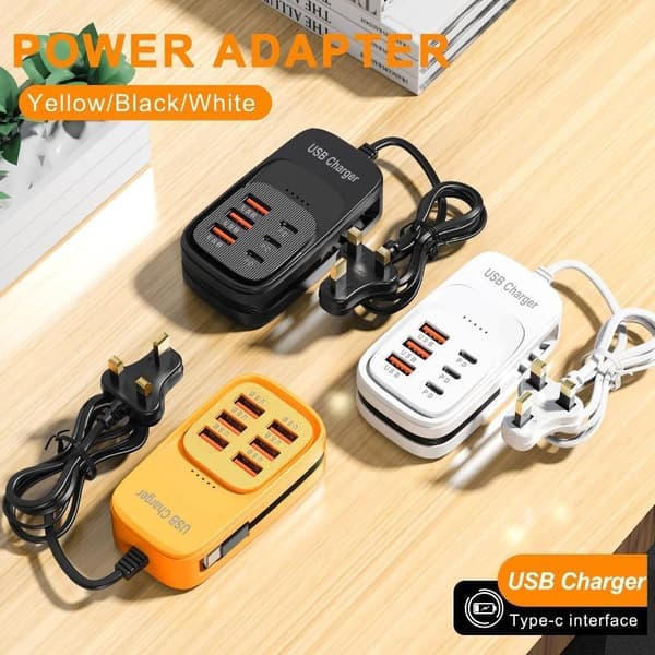 1 stk. 6 USB A-oplader USB-hurtigopladningsstik med Type C-kabel Yellow 6usb EU