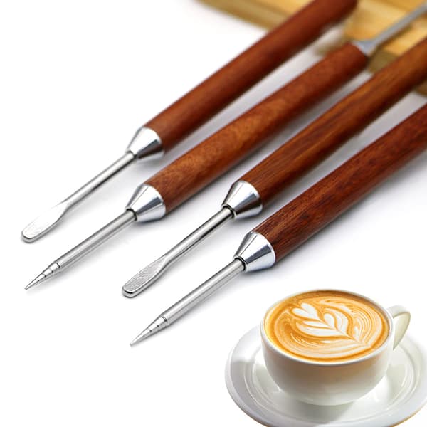 Kaffekunstpen i rustfrit stål med træhåndtag til latteblomster