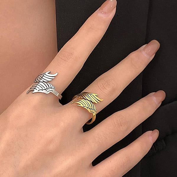 Rustfrit stål englevinge ring åbning justerbar fjer smykker Silver