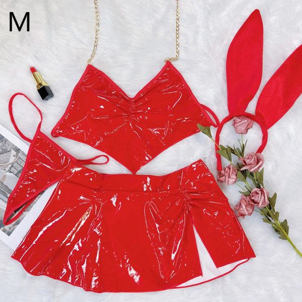 4kpl/ set Latex Neon Pink Alusvaatteet Bunny Sexy PVC Outfit Love He Red M