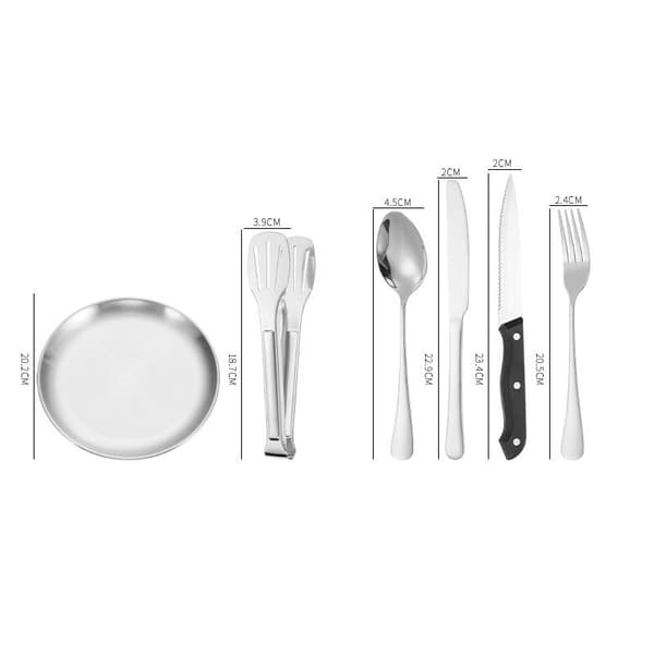 10 stk./sæt bestik i rustfrit stål til udendørs brug, tallerken, ske, gaffel Silver