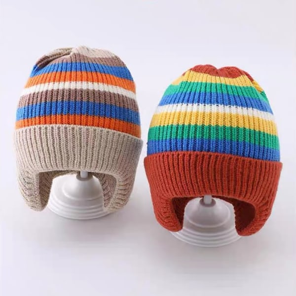 Farverig Stripe Baby Beanie Hat Vinter Varm Strik Ørebeskyttelse A3