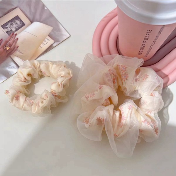 Double Layer Silk Organza Scrunchies Sweet Flower Hårband För L Beige