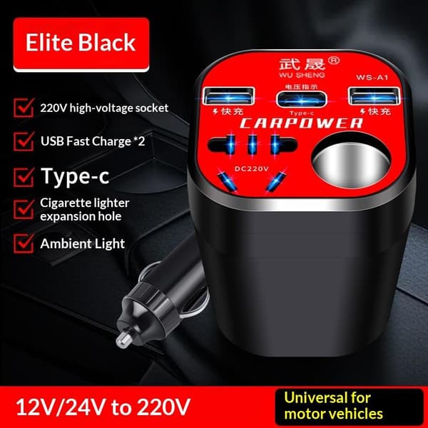 Multifunksjonell bilstrømomformer 12V/24V til 220V omformer LED B