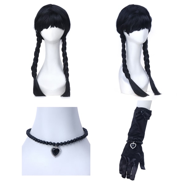 Onsdag Addams Cosplay Peruk Halsband Örhängen Armband Handskar