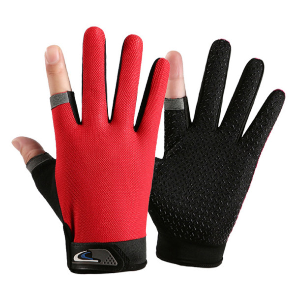 1 par Anti-Slip andningsbara fiskehandskar Two Finger Slitstark O Red