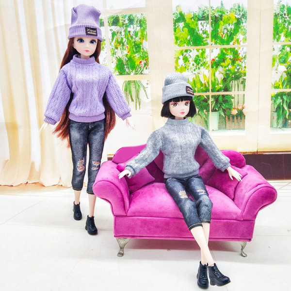 1 Sæt Dukketøj Til 30CM Dukke Mini Sweater Hat Jean Pant Boot Purple