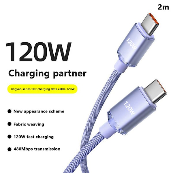 120 W USB C - Type C -kaapeli IPhone 15 Pro Max 13 Oneplus PO:lle Purple-2m