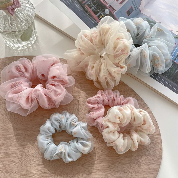 Dobbeltlags Silke Organza Scrunchies Søde Blomster Hårbånd Til S Beige