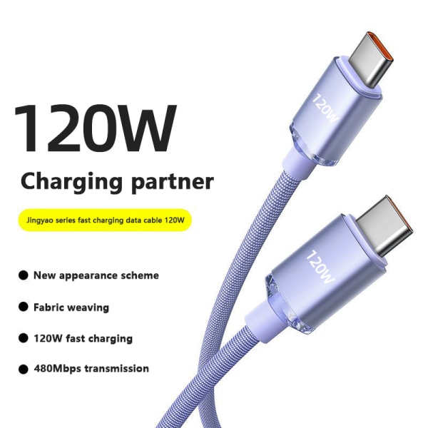 120W USB C till typ C-kabel för IPhone 15 Pro Max 13 Oneplus PO Purple-25cm