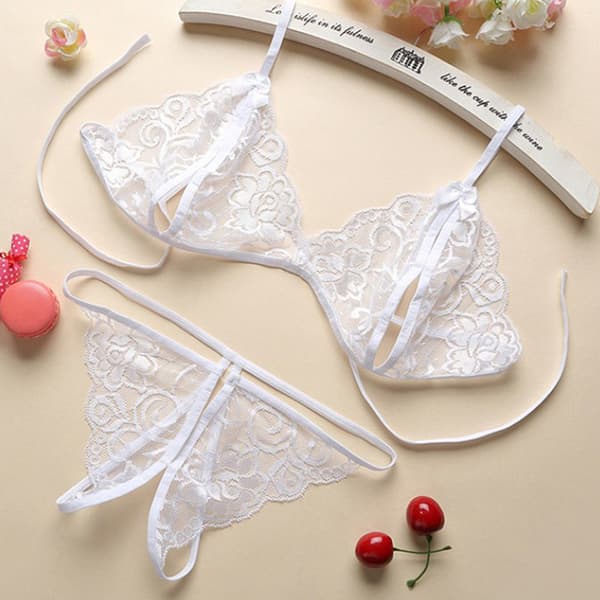 Kvinnor Sexiga Underkläder Spets BH Set Ruffle Transparent Underkläder White