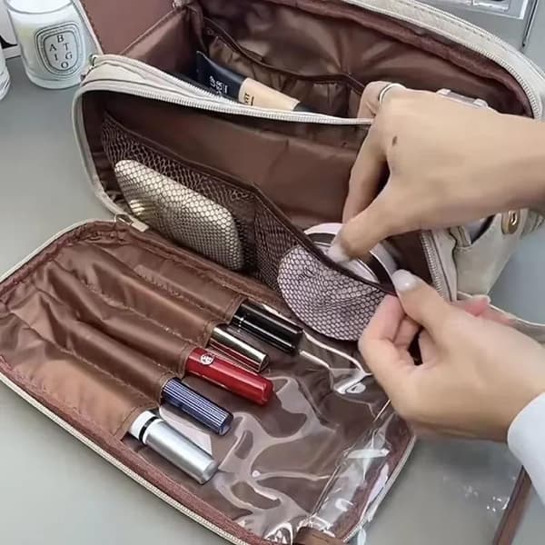 Multifunktionel makeuptaske til kvinder PU-læder stor kapacitet White