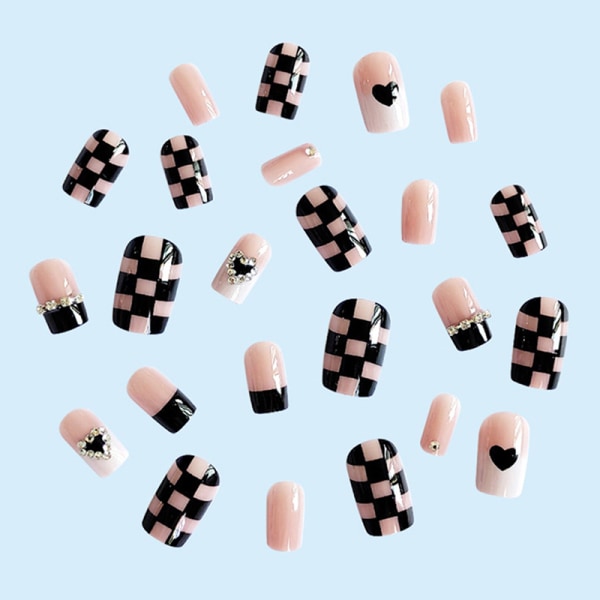 24 Stk Fake Nails Black Grids White Checkerboard Press