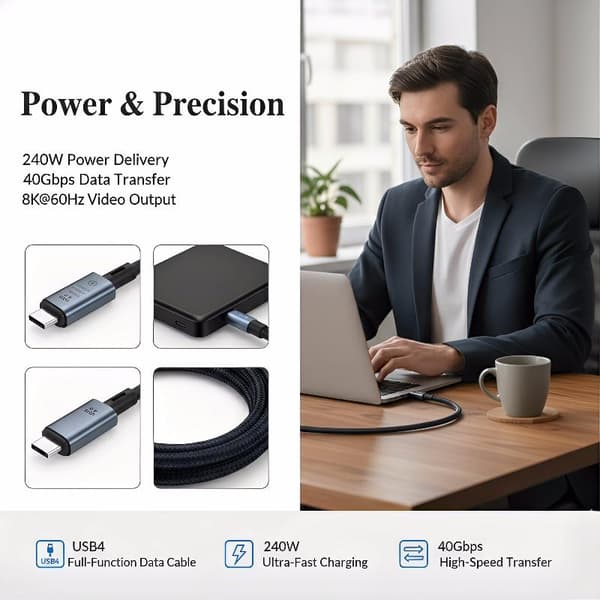 240W USB C till Type C-kabel PD 3.1 Snabbladdning 40 Gbps Data 8K@ Black