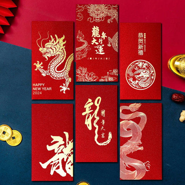 6 kpl punaisia ​​kirjekuoria Dragon Hongbao Lucky Money Gift Envelopes R A11