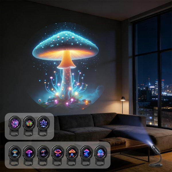 LED USB Sopp Projeksjonslys Drømmende Blad Stjernehimmel Projeksjon Light an 7pcs Film
