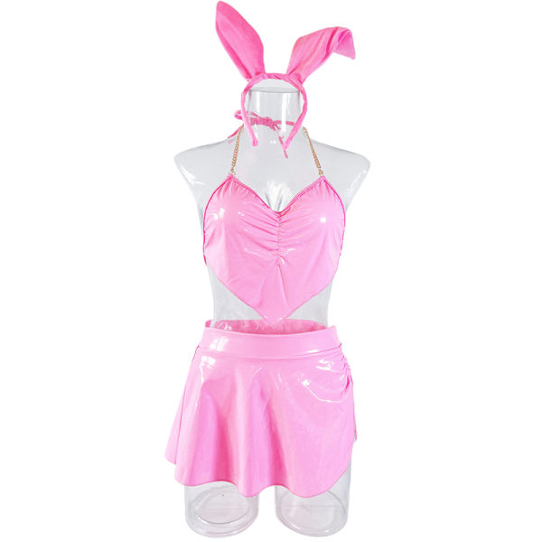 4kpl/ set Latex Neon Pink Alusvaatteet Bunny Sexy PVC Outfit Love He Black L