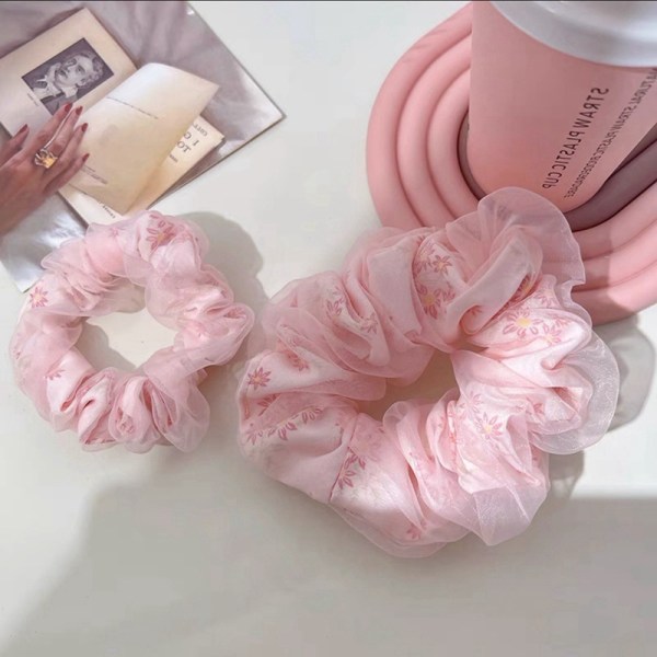 Double Layer Silk Organza Scrunchies Sweet Flower -hiusnauha S Pink