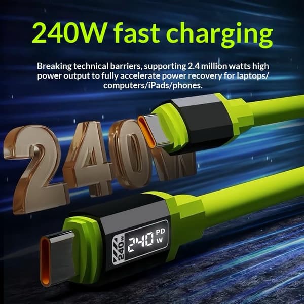 1/3 stk USB C til C 240W hurtiglading strømdisplaykabel ledning 1 Green B