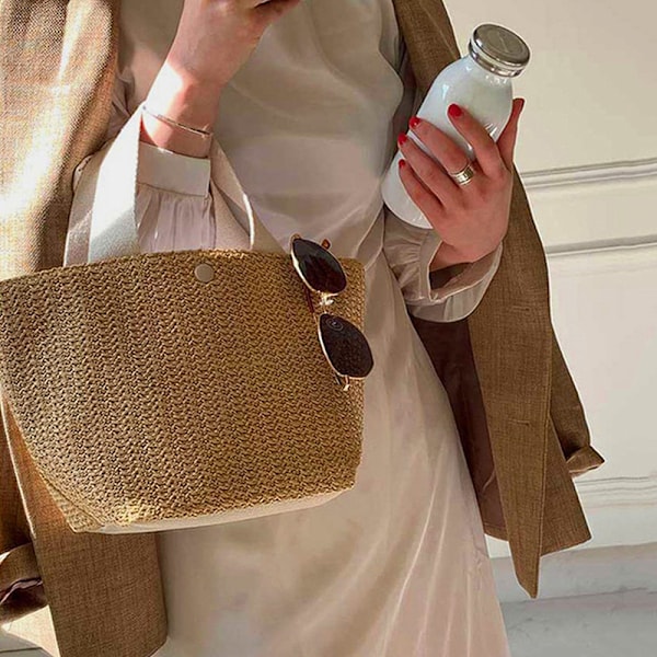 Elegant halmvævet håndtaske til damer Dame Holiday Beach Casual T Beige
