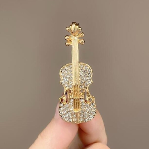 Fashion Violin Rhinestone glänsande brosch för kvinnor kläder Access Gold