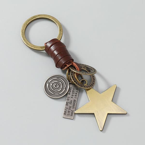Mænds Retro Nøglering Læderrem Metal Stjerne Charm Bil Tilbehør A2