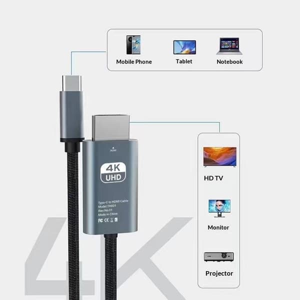 4K HD videokonverteringskabel Type-C til HDTV Samme kabel-TV-komputer Gray