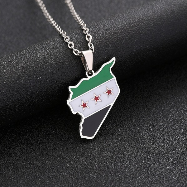 Rostfritt stål Syrien karta flagga hänge halsband mode syriska Silver