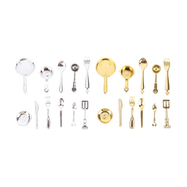 11 st/ set Dollhouse Miniatyr sked gaffel pott redskap modell kit Gold