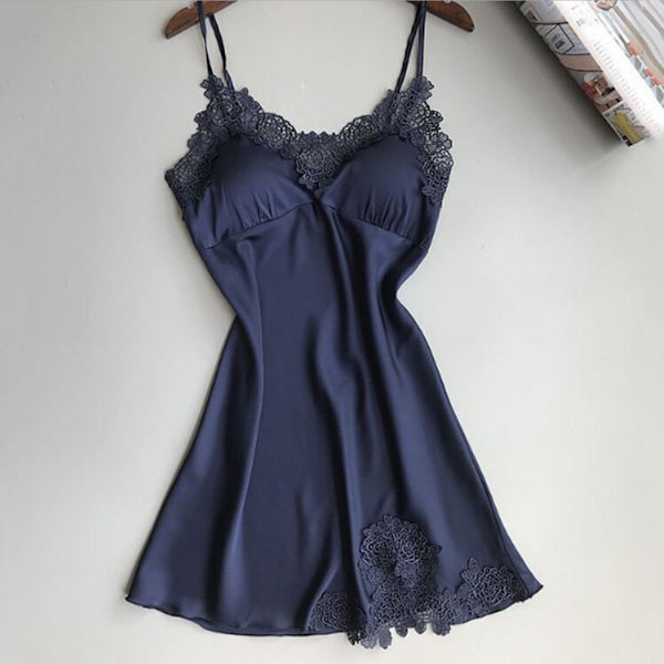 Kvinner Sexy Undertøy Silke Lace Robe Kjole Babydoll Nattkjole Navy XL