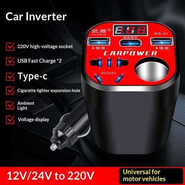 Multifunktionel bilstrøminverter 12V/24V til 220V konverter LED D