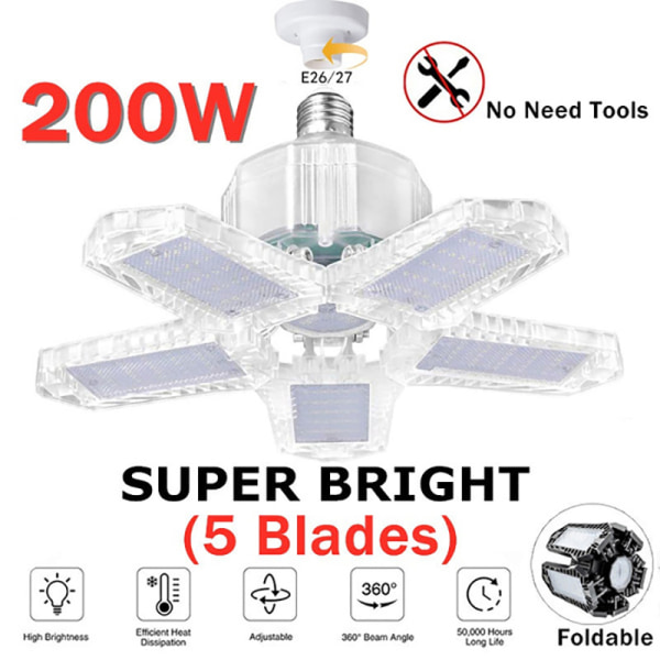 30/60/200W LED garasjelys E26/E27 deformerbar taklampe Black 200W 5 Blades
